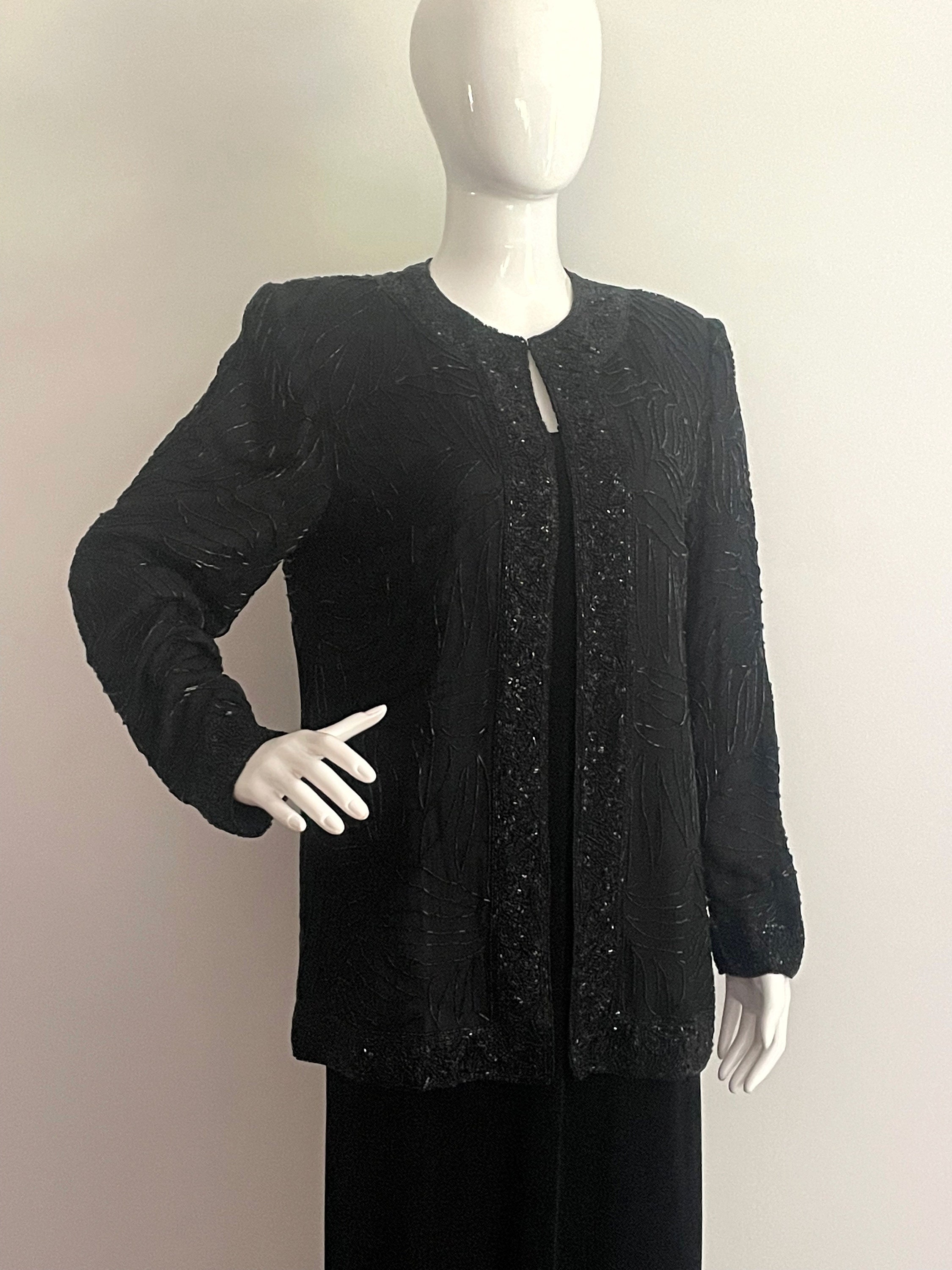 Vintage Black Beaded Long Jacket Brillante by JA Silk Beaded Jacket Black Bugle Bead Etsy