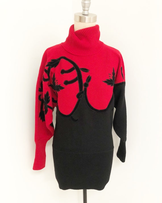 Vintage 80's tunic sweater, appliqued velvet, red… - image 1