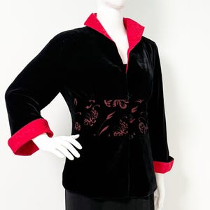 Vintage bespoke black burnout velvet jacket, red lined blazer, bell sleeved jacket, &quot;E&quot; , red jacquard Asian motif lining