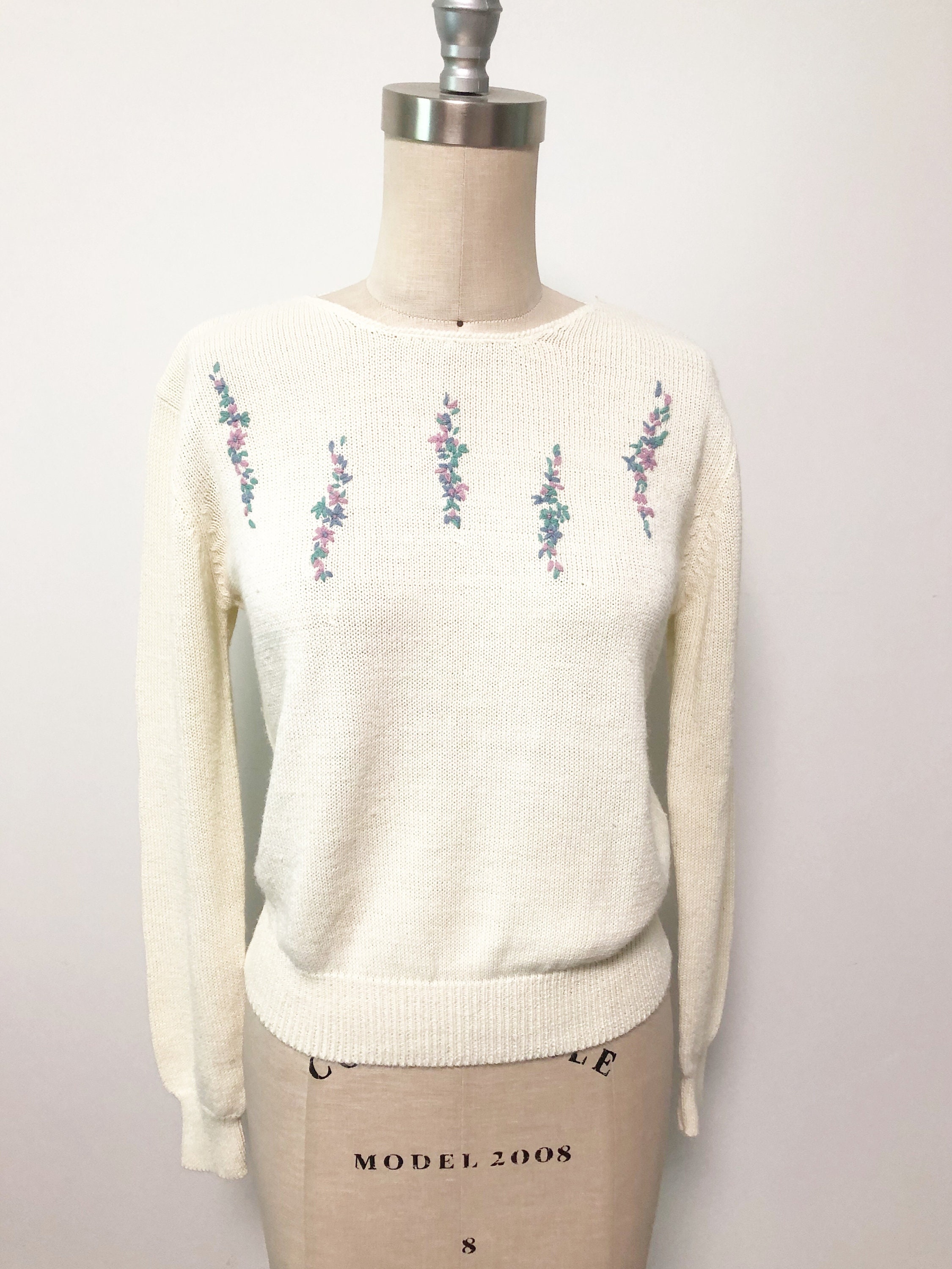 Vintage Acrylic Knit Sweater Long Sleeve Knit Sweater Floral - Etsy