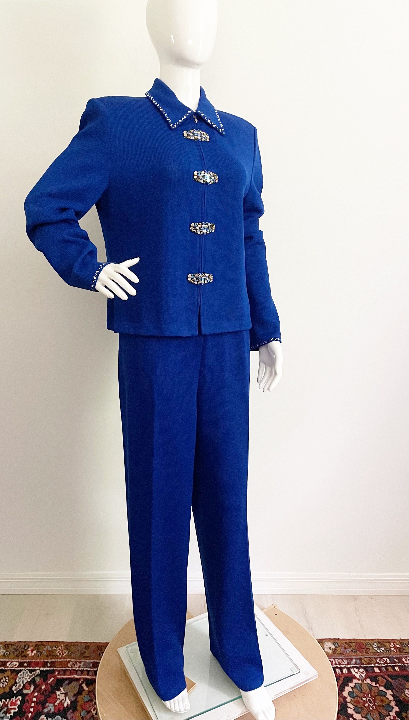 Vintage St. John Cobalt Blue Evening Suit, Santana Knit, Jeweled