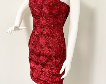 Vintage Jessica McClintock red mini dress, strapless dress, cocktail dress, ribbon work, Size 4