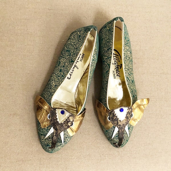 Vintage embossed metallic leather shoes, Albanese elephant shoes, leather jeweled shoes, 60's shoes, leather flats