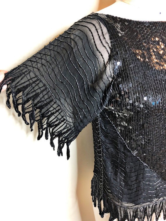 Vintage black beaded top, Swee Lo beaded top, seq… - image 6