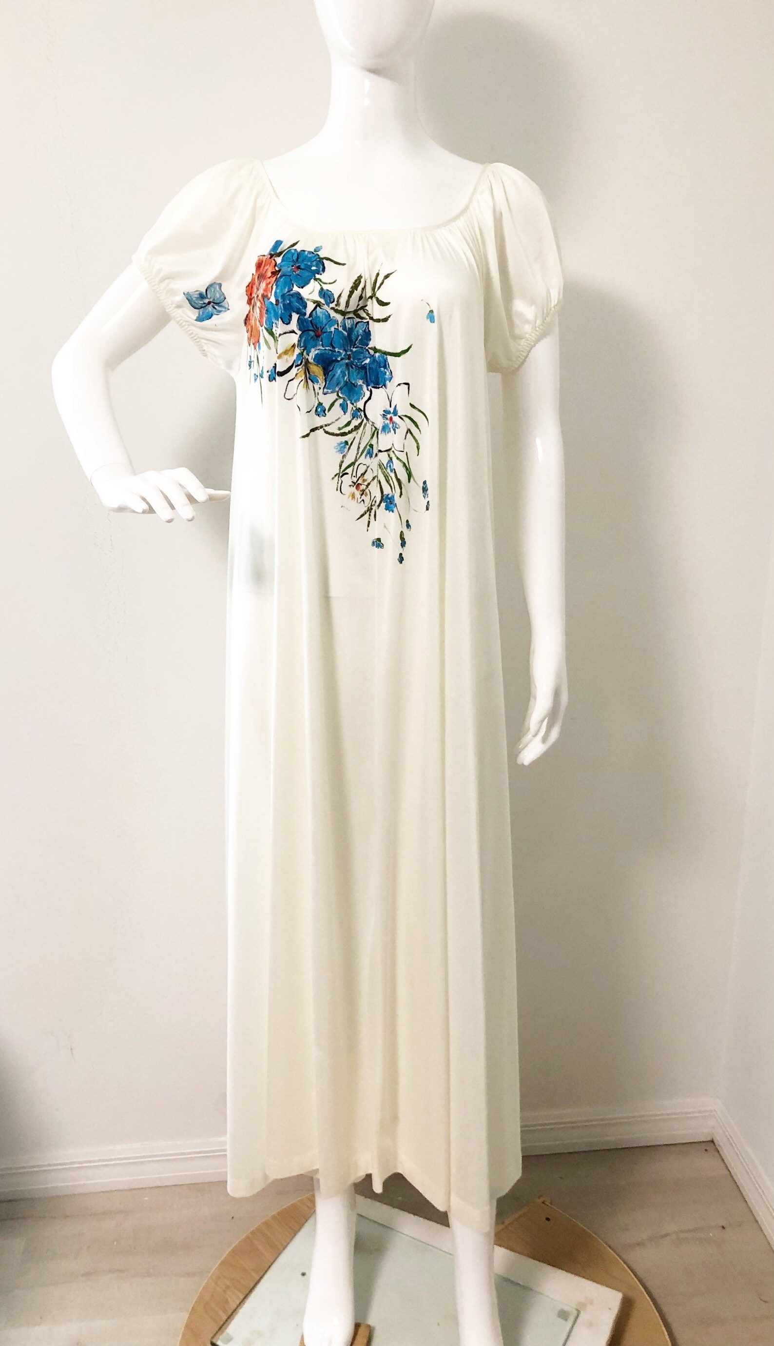 Vintage Hand Painted Nylon Nightgown, Floral Design Nightie, Full