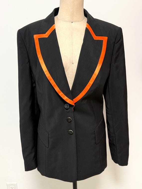 Escada, Vintage Escada black blazer, orange trim, wool blend jacket
