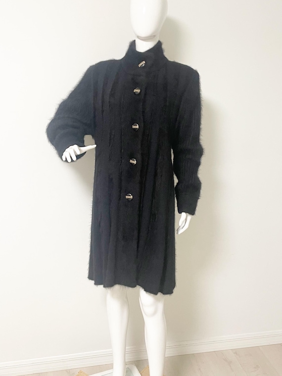 Vintage schwarzer Angora Pullover Mantel, 80er Jahre langer