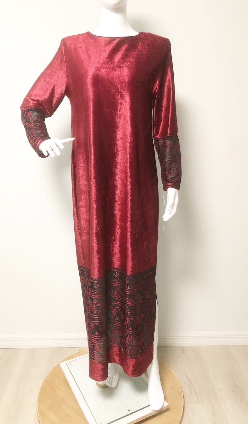 Vintage Ruth Norman panne velvet, burnout velvet, burgundy dress, velvet hostess gown, maxi, NOS image 1