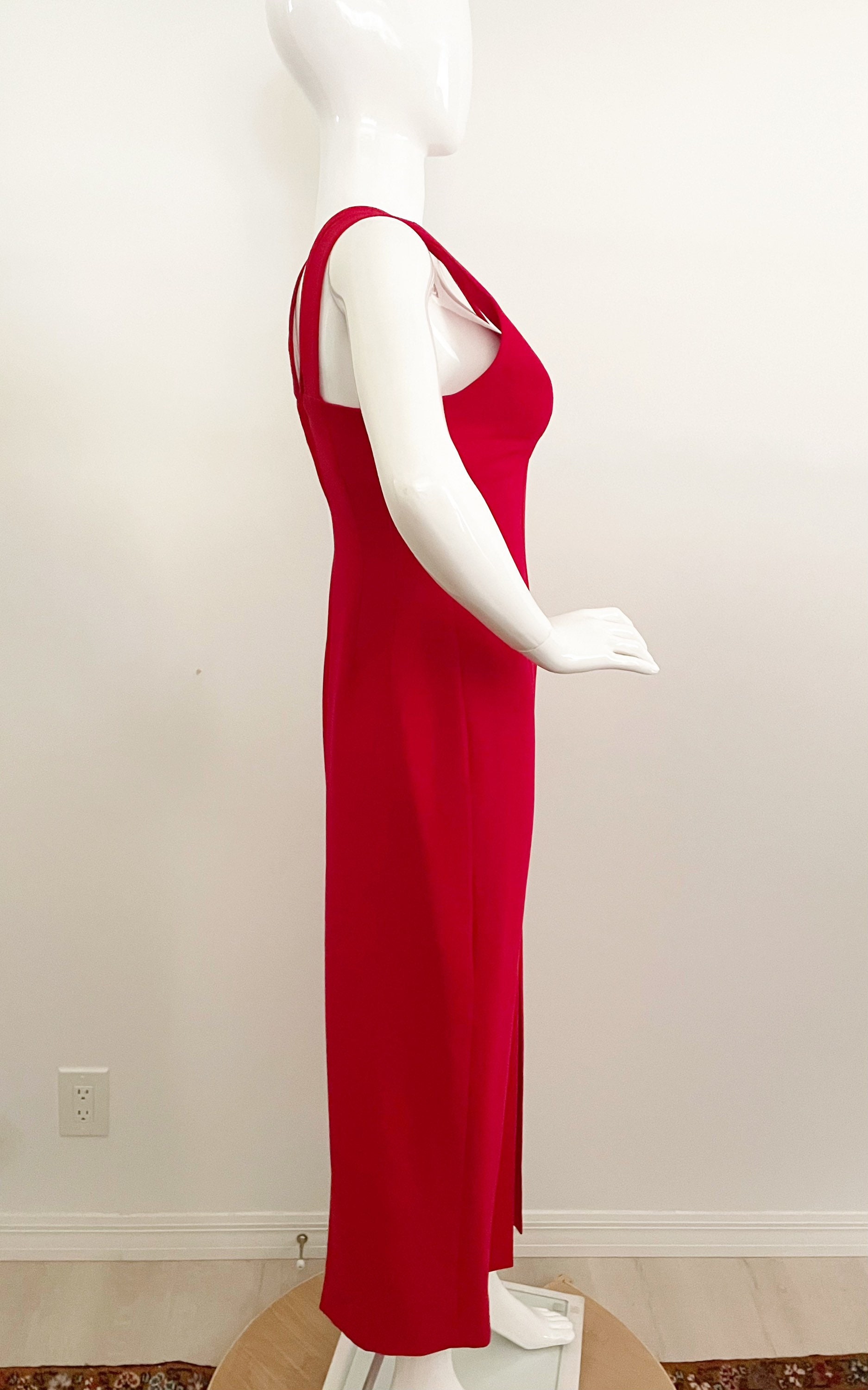 cache red dress Vintage Cache Red Sexy Dress, Plunging V Neck Front and Back, Double Strap  V Neck, High Slits Front and Back, Sleeveless Red Dress