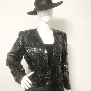 Vintage black beaded jacket, sequin jacket, black beaded blazer, evening jacket, Nolan Miller