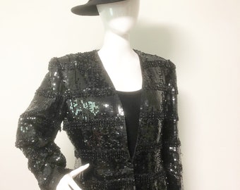 Vintage black beaded jacket, sequin jacket, black beaded blazer, evening jacket, Nolan Miller