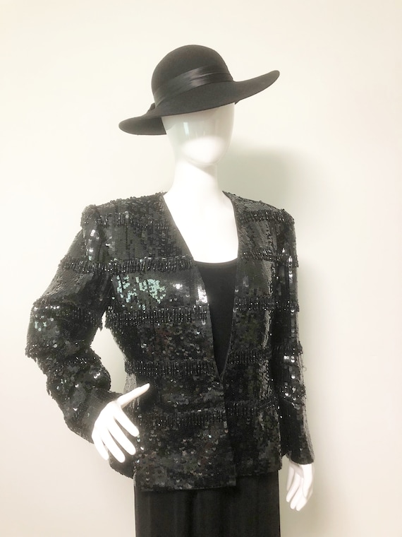 Vintage black beaded jacket, sequin jacket, black 