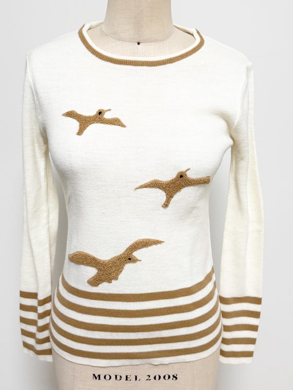 Vintage seagull pullover sweater, tan striped sweater, lightweight pullover sweater, textured seagull top