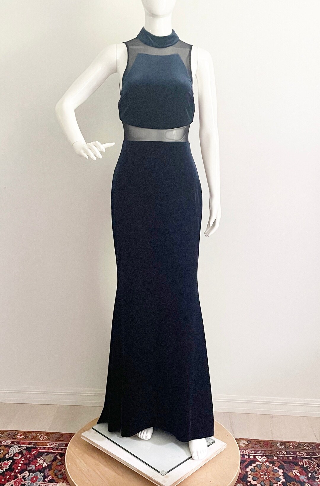 Navy Blue Illusion Gown with Velvet main image 1