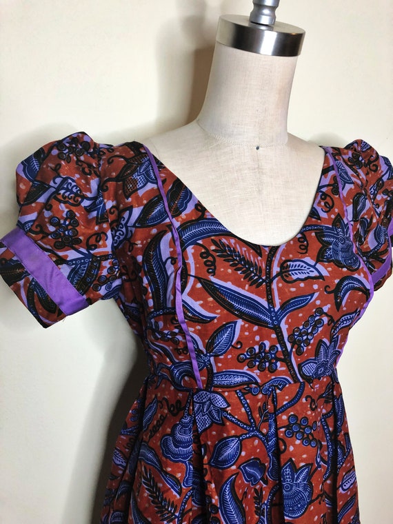 Cotton wax block print, empire waist dress, puff s
