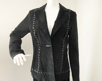 Vintage suede and knit cardigan, leather jacket, suede cardigan, black sweater, black jacket, fur collar