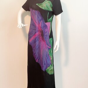 Vintage Carole Little rayon black dress, morning glory flower, short sleeve dress, bias cut dress, made in USA image 2