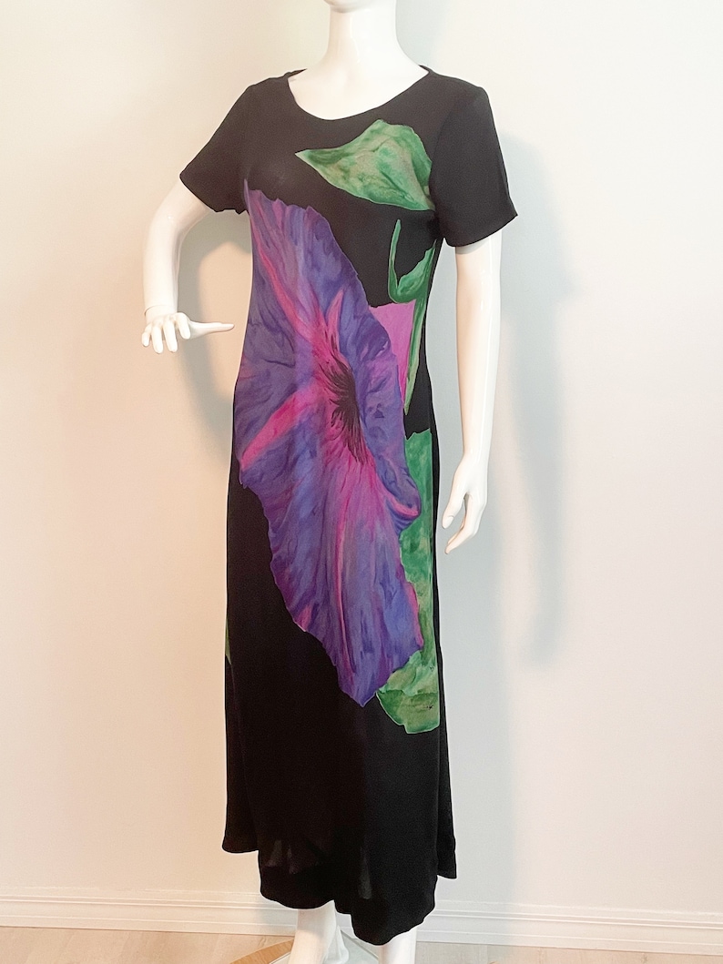 Vintage Carole Little rayon black dress, morning glory flower, short sleeve dress, bias cut dress, made in USA image 2