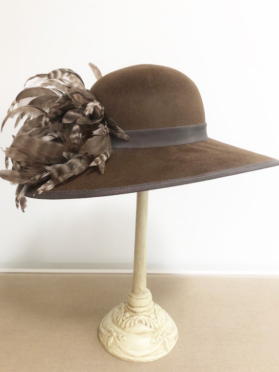 Vintage brown wool wide brim hat, feathered hat, c