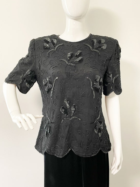 Vintage black beaded silk top, sequin and beaded … - image 1