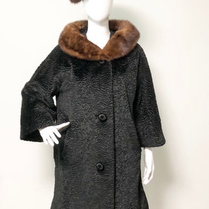 Vintage faux fur, faux Persian Lamb, black fur coat, mink collar, bell sleeve, bracelet length sleeve