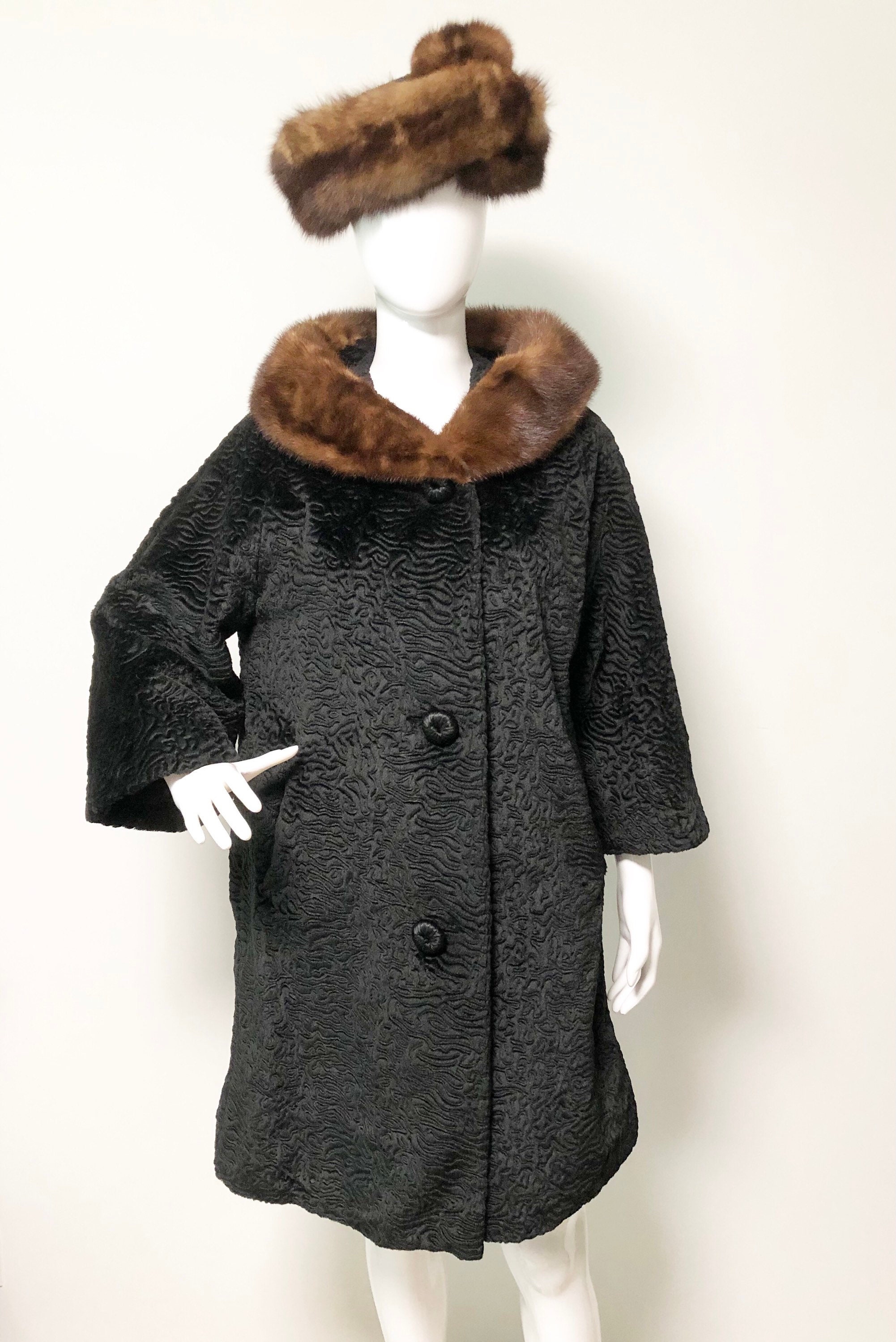 Vintage Faux Fur Faux Persian Lamb Black Fur Coat Mink -  Hong