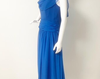 jcpenney royal blue dress Vintage Tea Length Dress, Sleeveless Dress, Ruched Waist, Tie Back, Cowl Cape formal knee length royal blue dress