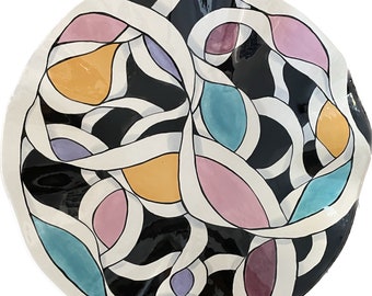 Vintage artist signed mod bowl, Robins Shel, 1992, Black, pink, yellow, aqua white mod design bowl, handcrafted bowl, statement bowl