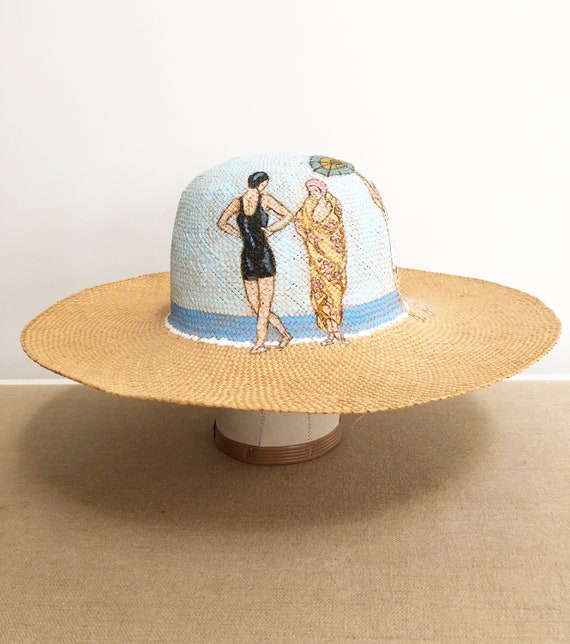Vintage straw hat, beach hat, hand painted hat, vi