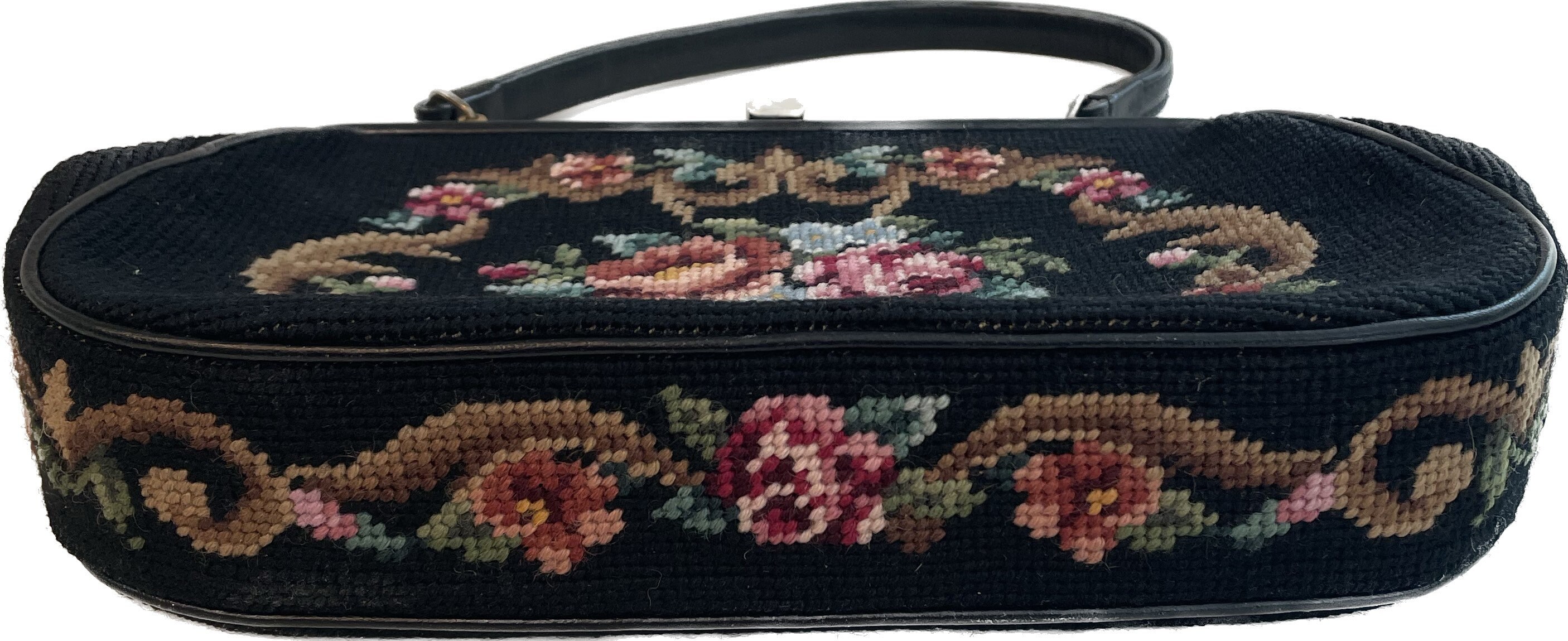 Vintage Needlepoint Black Top Handle Handbag, Floral Front and Back