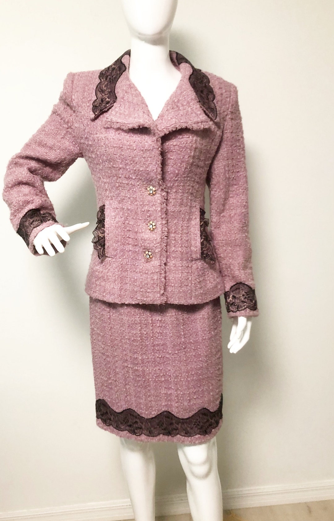 Vintage Boucle Lavender Suit, Two Piece Suit, Lace Trimmed Suit, Power ...
