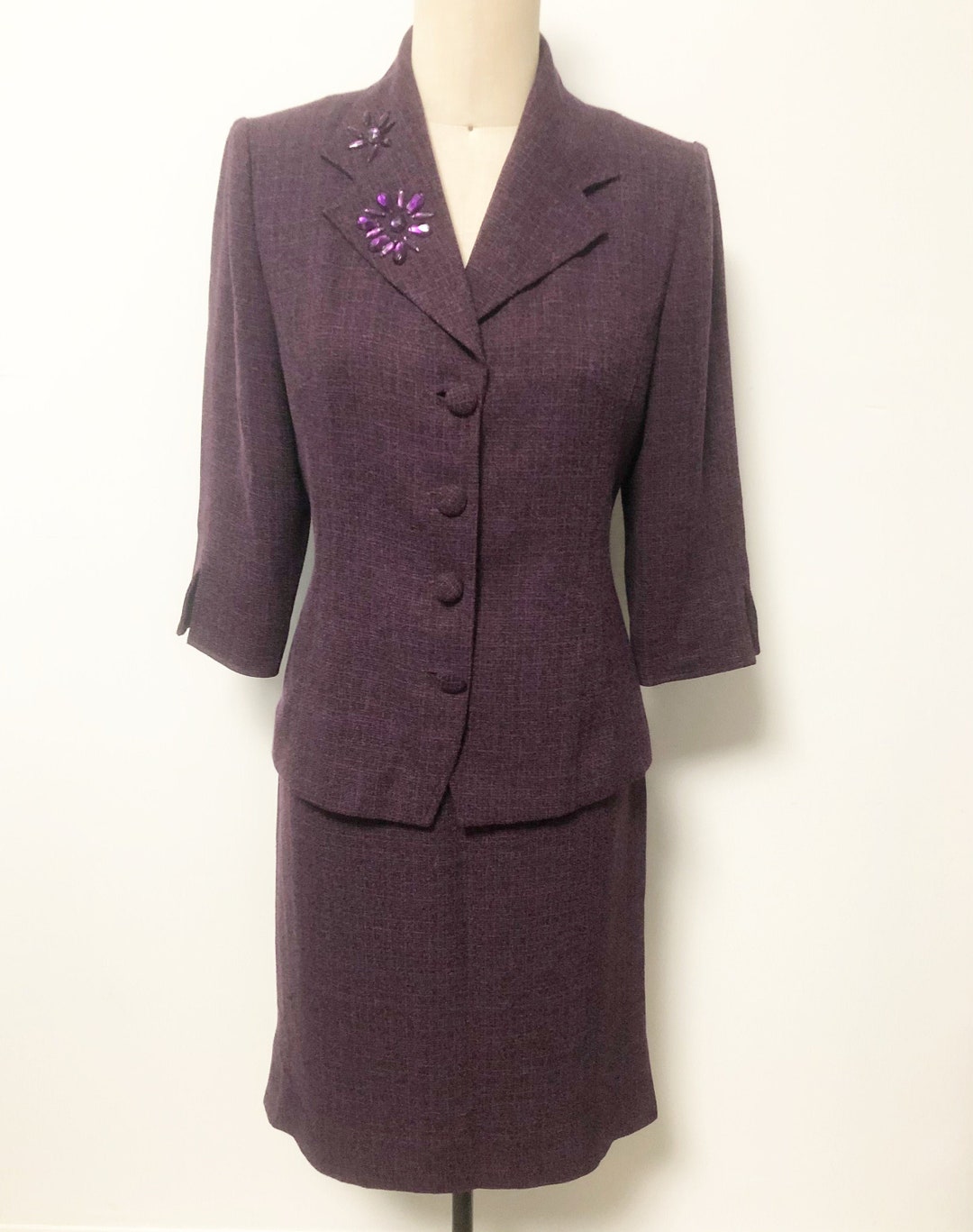 Vintage Two Piece Skirt Suit, Heathered Purple, Embellished Jacket ...