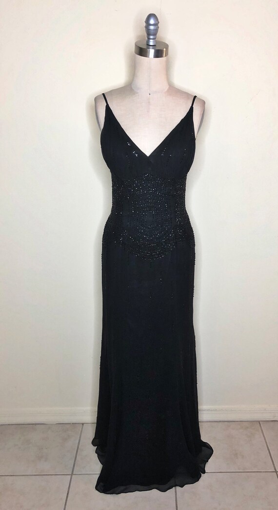 Black beaded gown, chiffon overlay gown, sequin bl