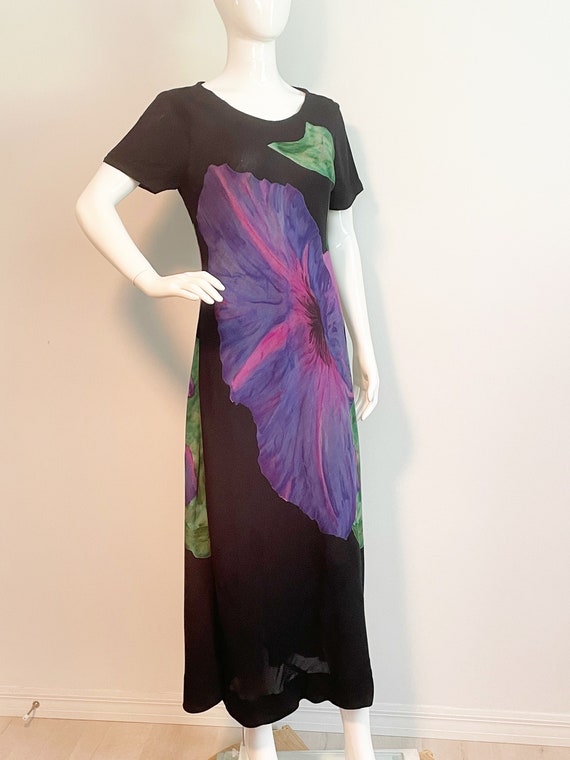 Vintage Carole Little rayon black dress, morning glory flower, short sleeve dress, bias cut dress, made in USA