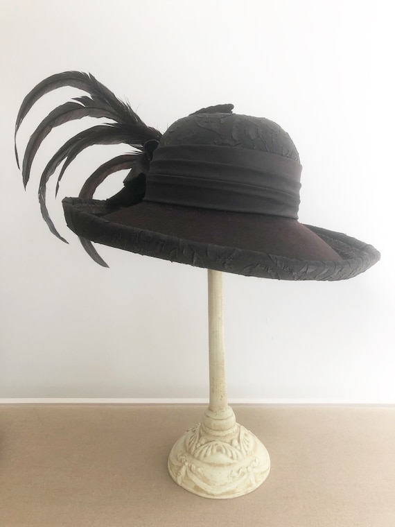 Vintage Chocolate Brown Hat, Wool Hat With Feathers  display picture 2
