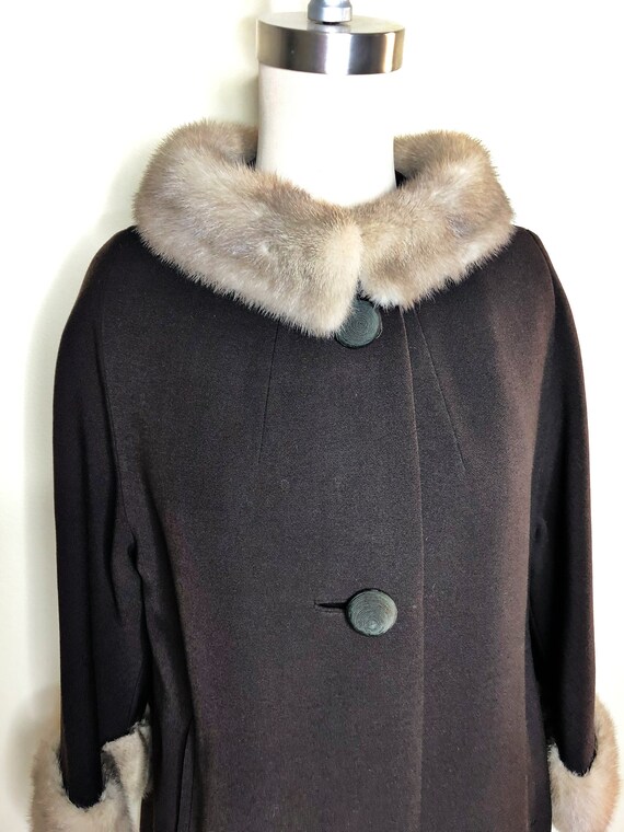 Vintage wool swing coat, brown wool coat, mink tr… - image 1