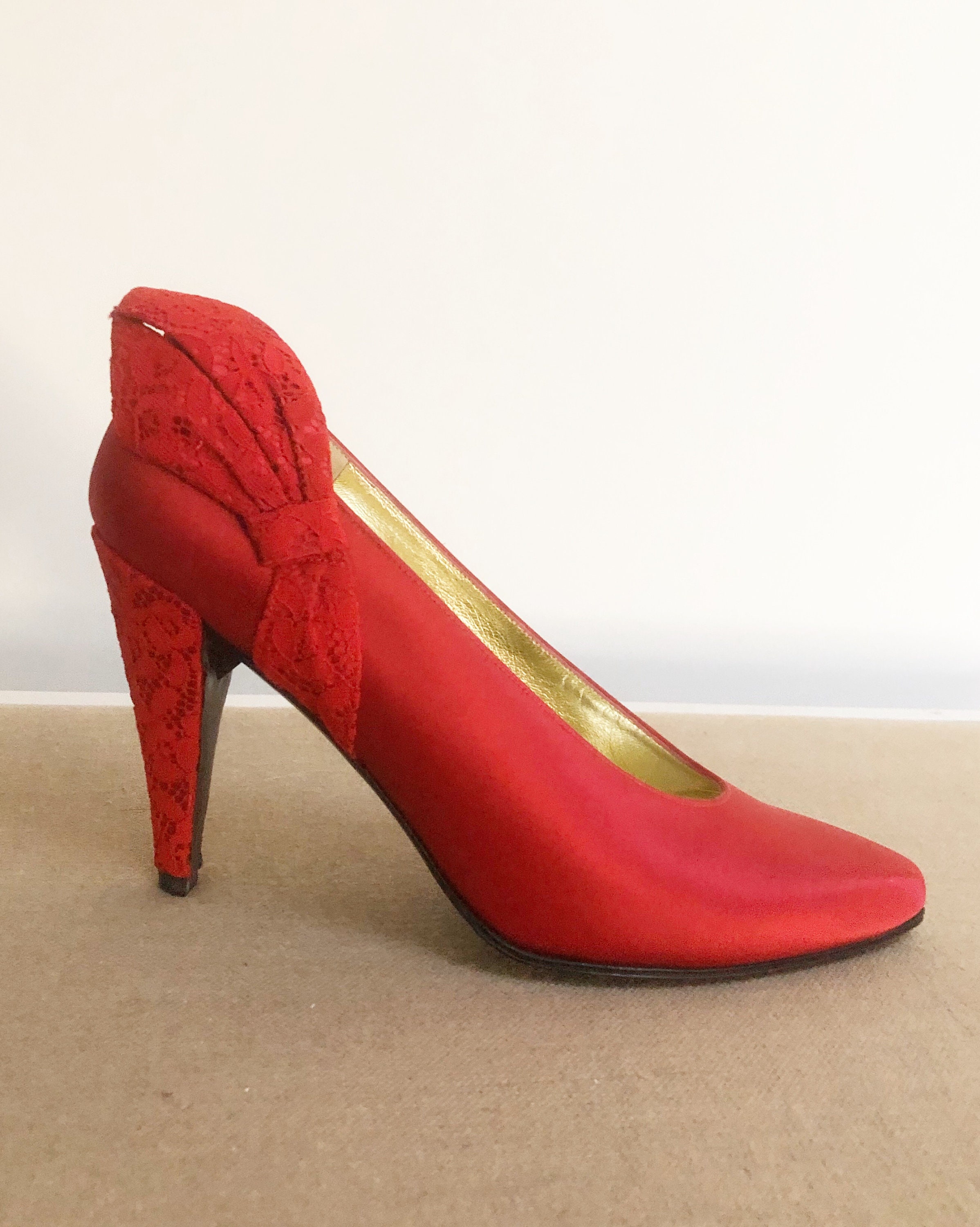 Vintage Charles Jordan Pumps Lace Shoes Red Satin Shoes photo