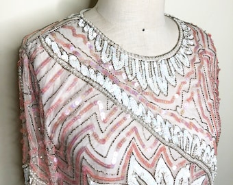 Vintage beaded top, pink beaded, sequin,  silk top, embellished top, pearl detail