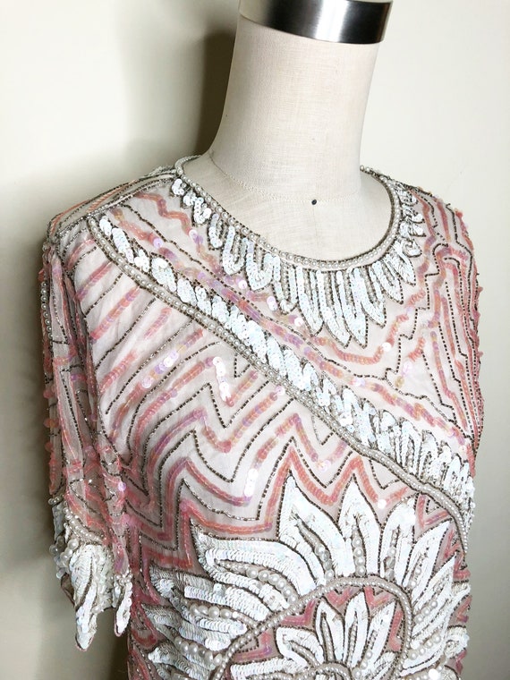 Vintage beaded top, pink beaded, sequin,  silk top