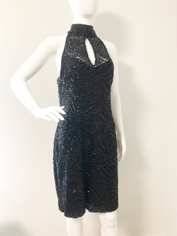 Vintage Black Sequin Cocktail Dress, Peek a Boo Back, Sexy Black Dress,  Lauren, Size 16 -  Canada
