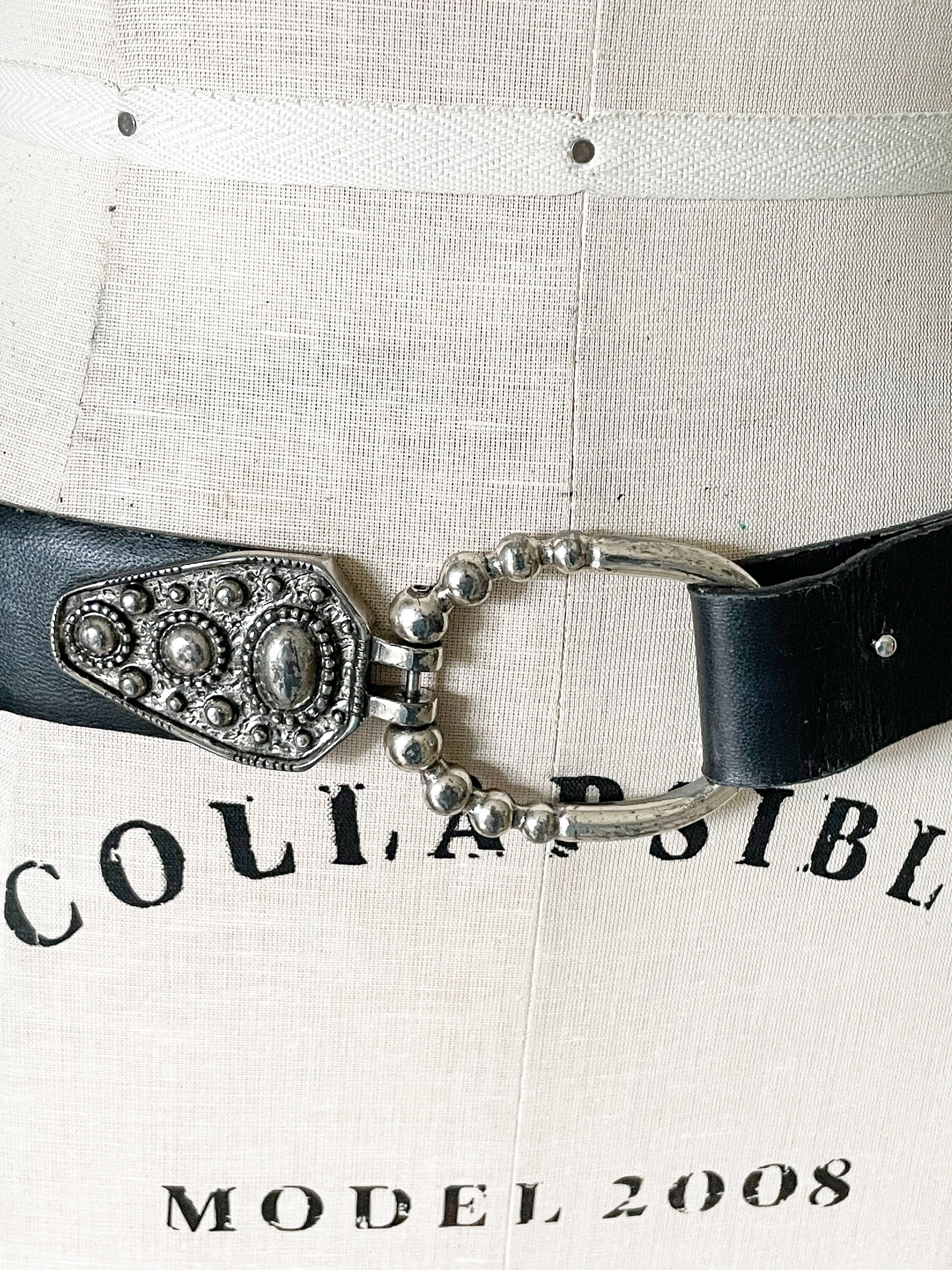 Vintage 80s Sandy Duftler Designs Belt Black Leather Silver Metal Elastic Large Sandy Duftler Designs Women main image 2