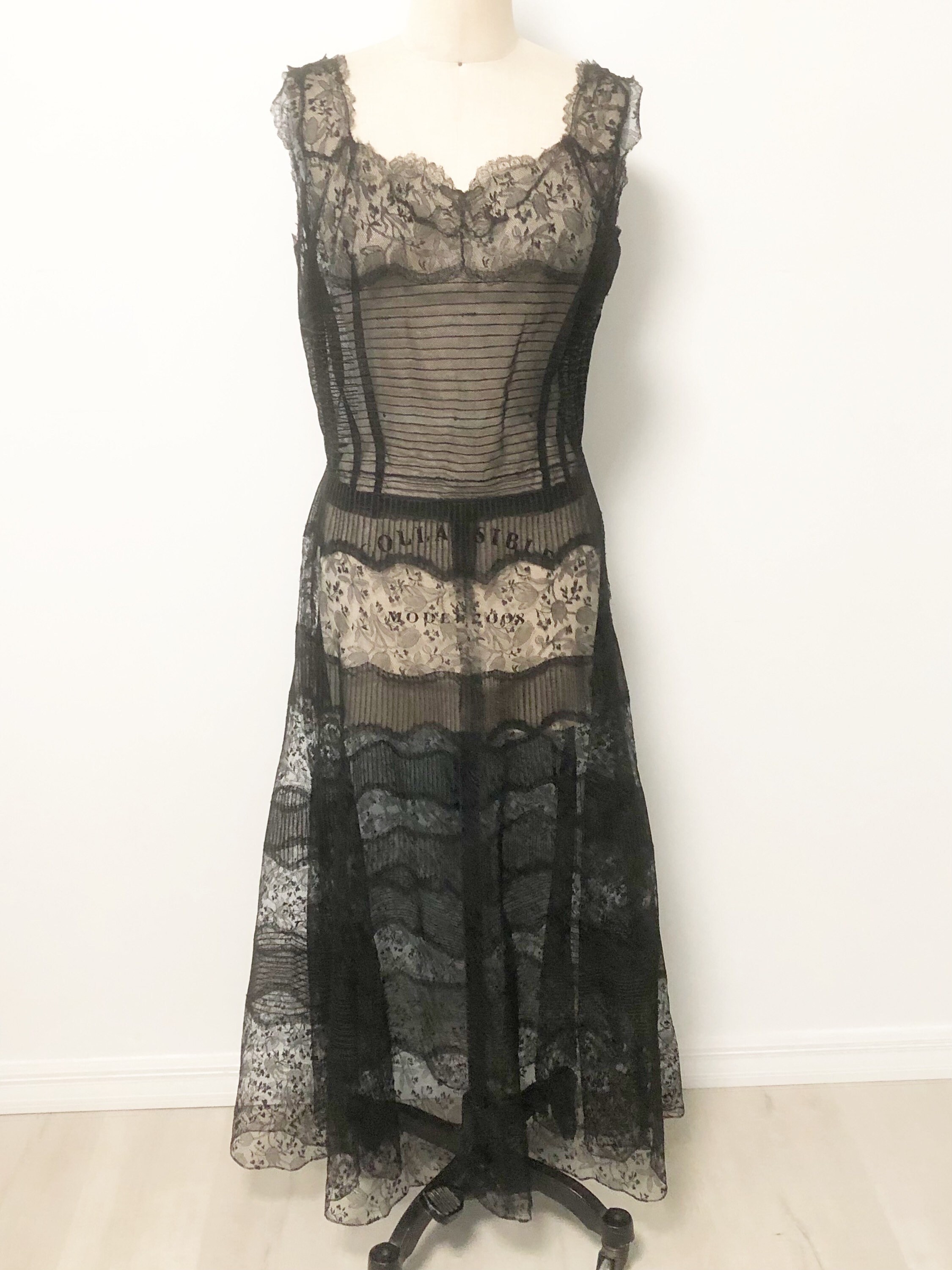 WeWearVintage Vintage 1920's Sheer Lace Dress, Lace Overlay Dress, Black Lace Dress, Sheer Dress
