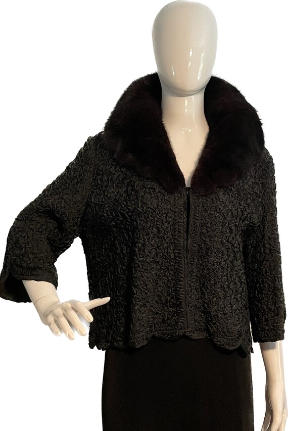 60s Black Jacket, Ribbon Work Jacket, Cocktail, Mid Century, Fur 