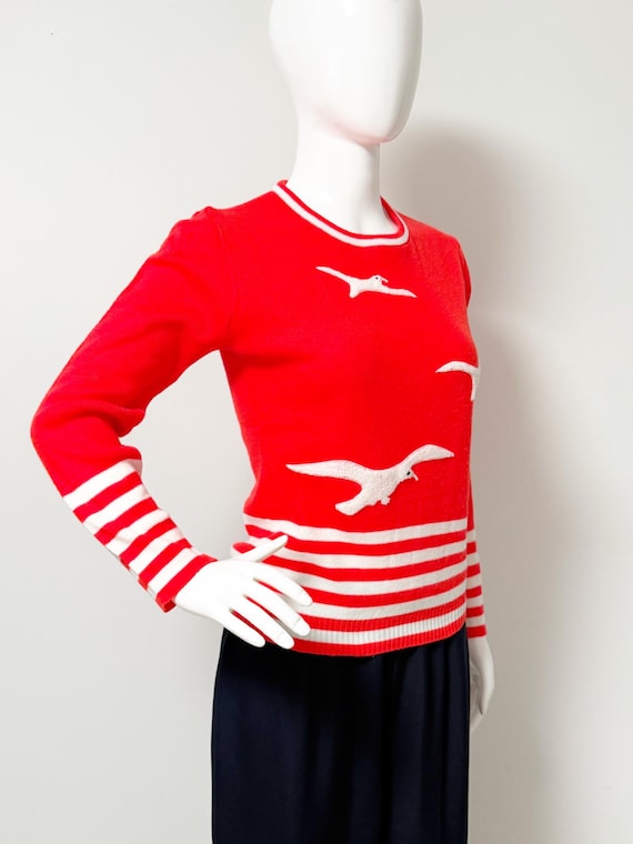 Vintage red white pullover sweater, seagull sweater, embellished sweater, lightweight sweater View 3
