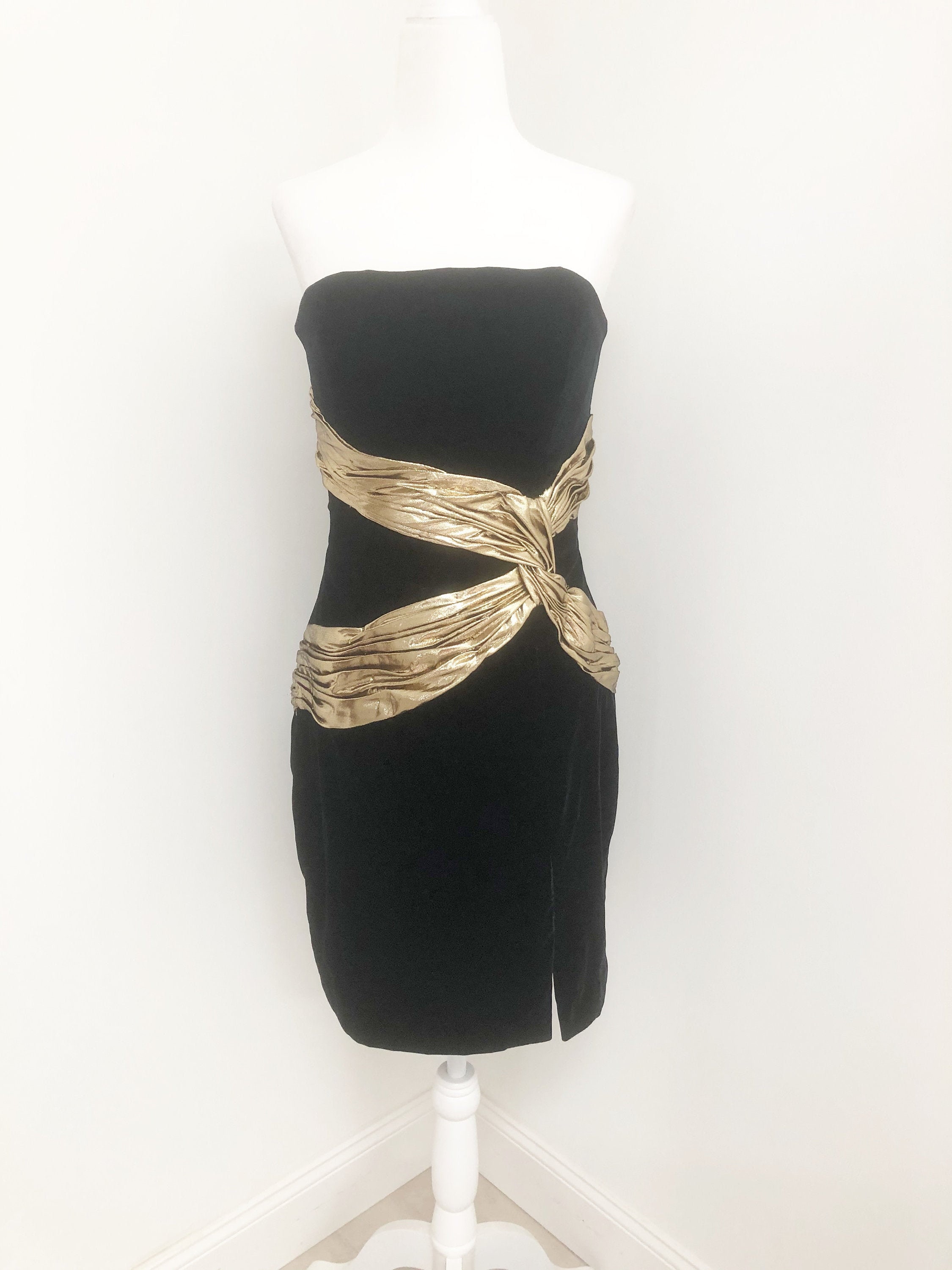 Vintage A.J. Bari Velvet Mini Dress Gold Embellished Cocktail Dress 80 s Dress Strapless Velvet Dress Lord and Taylor Etsy UK
