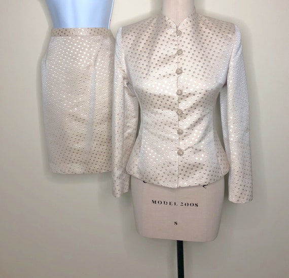 Gold suit, two piece suit, Rickie Freeman, Teri Jo