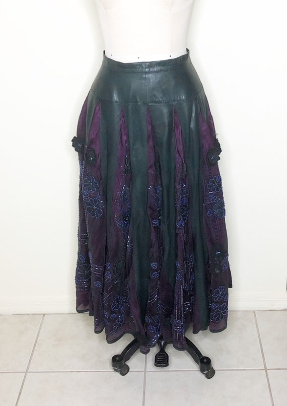 Leather and silk skirt, beaded skirt, appliqued sk