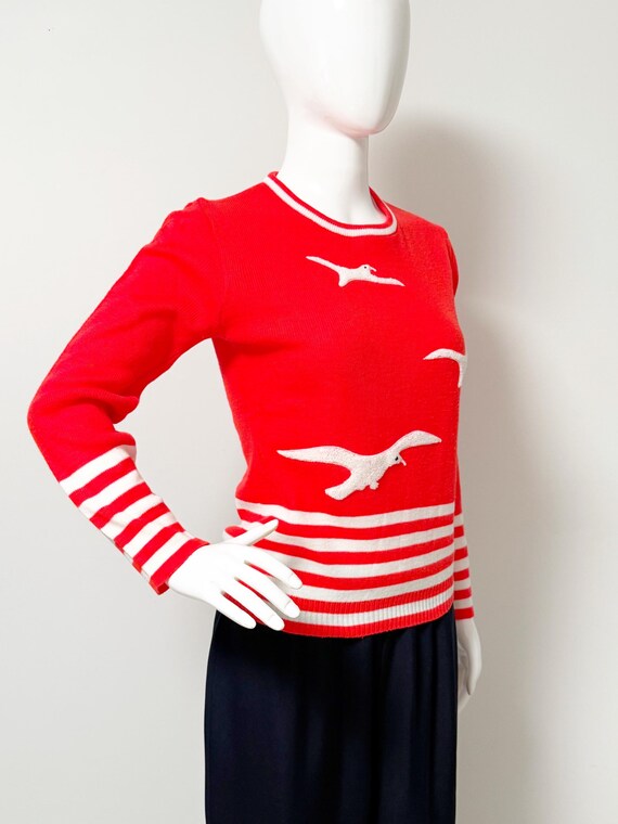 Vintage red white pullover sweater, seagull sweater, embellished sweater, lightweight sweater View 2