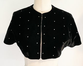 Vintage black velvet rhinestone capelet, black velvet shrug, cropped velvet jacket, velvet rhinestone topper