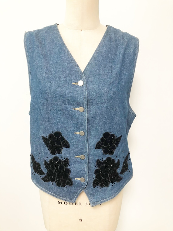 Vintage Lizwear denim velvet vest, embellished ves